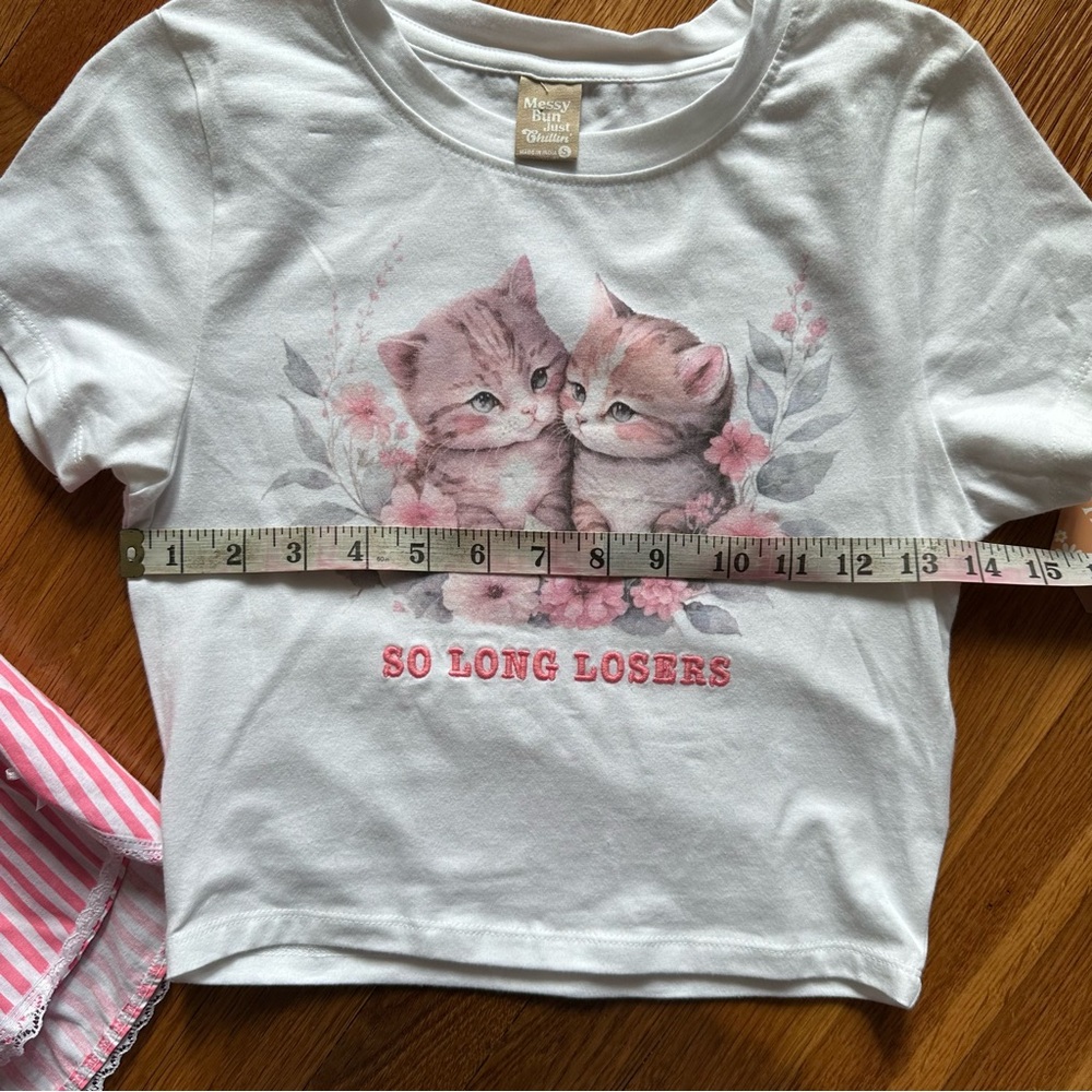 Messy Bun Women's Size Small White Cat Top & Pink Striped Shorts Pajama Set NWT - Picture 4 of 12